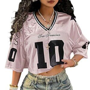 Y2K Sporty Crop Jersey | Pink Graphic V-Neck Baseball Tee XS